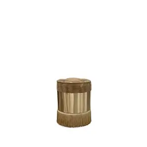 Elegant Olivia Stool with round textured leather seat with button-tufted detail and cylindrical base with golden band and fringes.