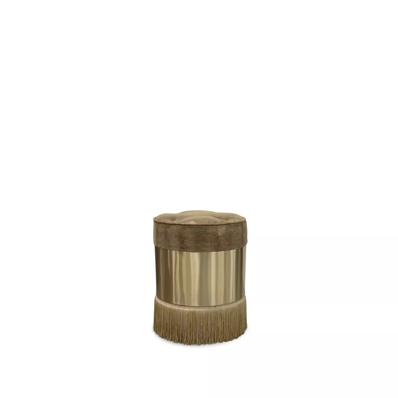 Elegant Olivia Stool with round textured leather seat with button-tufted detail and cylindrical base with golden band and fringes.