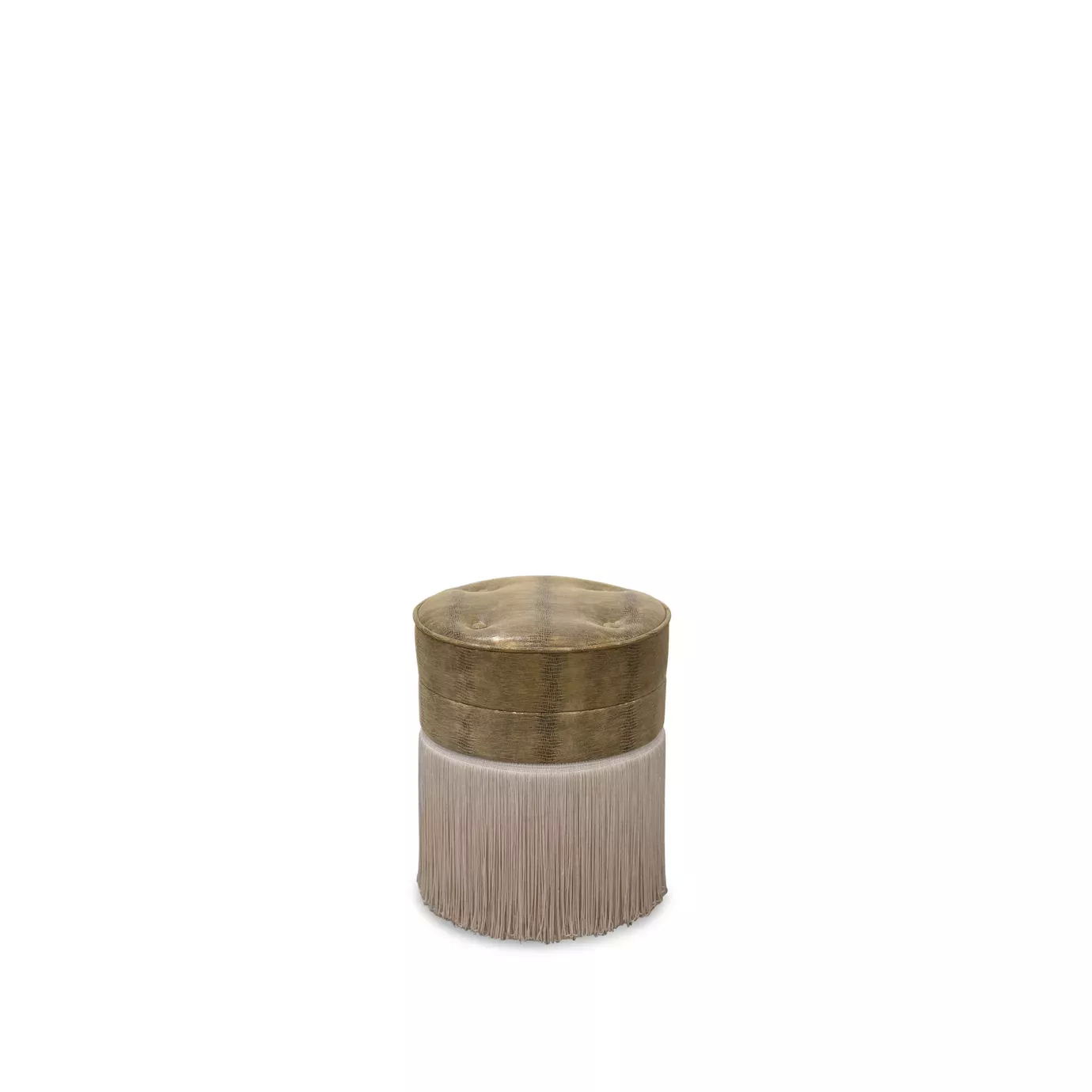 Elegant Sophia Stool with round textured leather seat with button-tufted detail and cylindrical base with golden band and light-toned fringes.