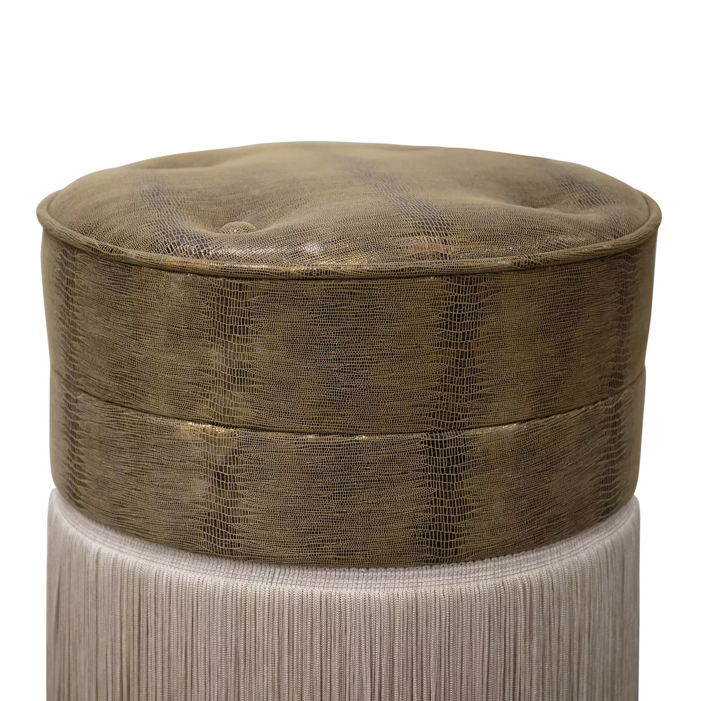 Elegant close-up of the round textured leather seat detail with button-tufting of the Sophia Stool.