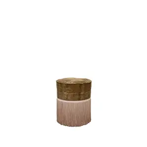 Elegant Sophia Stool with round textured leather seat with button-tufted detail and cylindrical base with golden band and light-toned fringes.