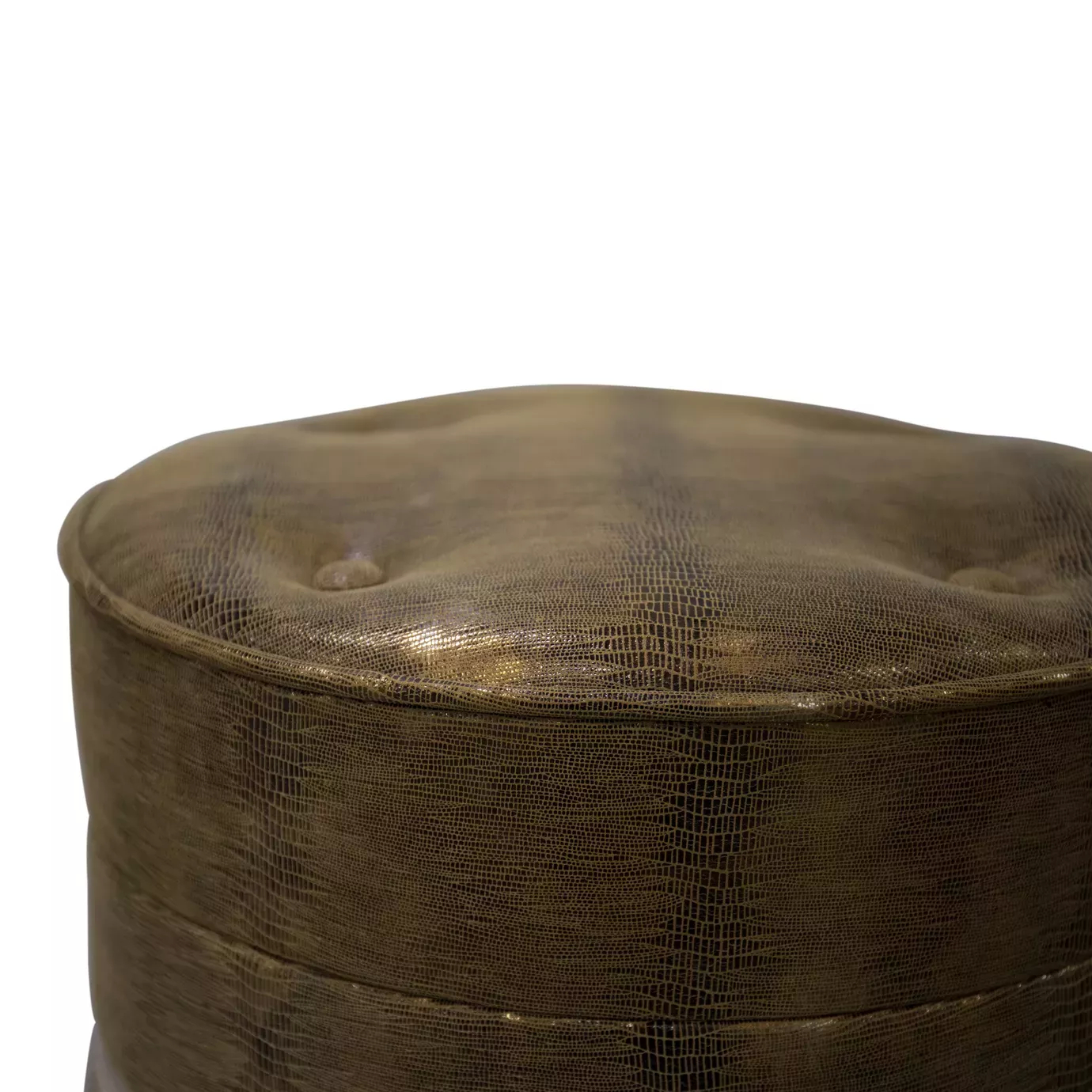 Elegant close-up of the round textured leather seat detail with button-tufting of the Sophia Stool.