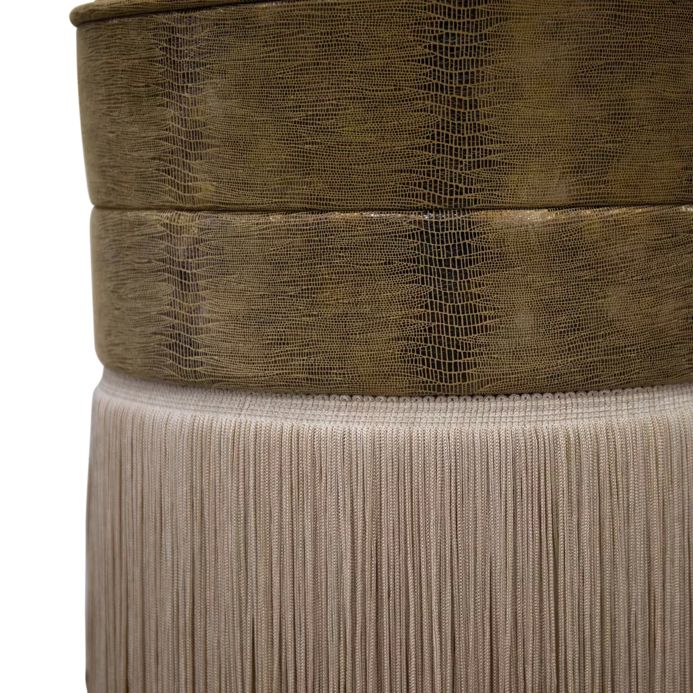 Elegant close-up of the round textured leather seat detail with button-tufting of the Sophia Stool.
