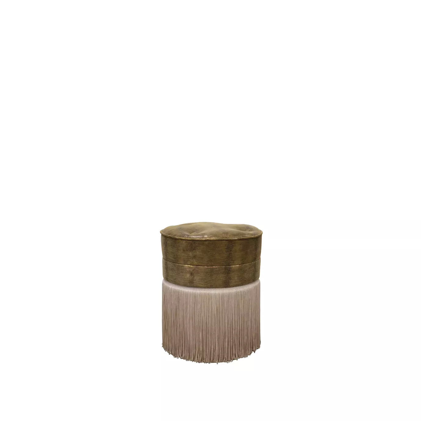 Elegant Sophia Stool with round textured leather seat with button-tufted detail and cylindrical base with golden band and light-toned fringes.