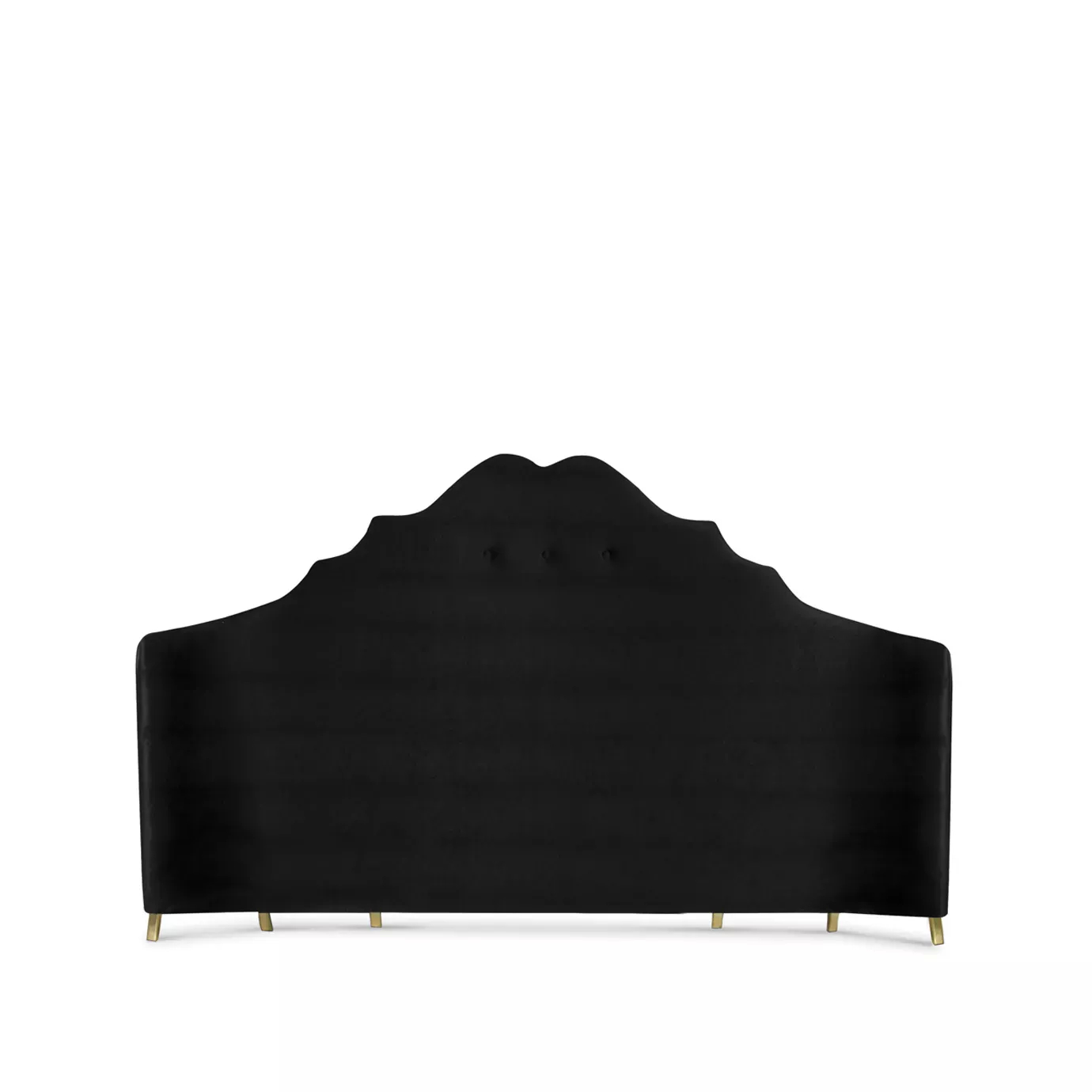 Elegant headboard of the Alexia Bed in black velvet with a curved design and golden details at the base.
