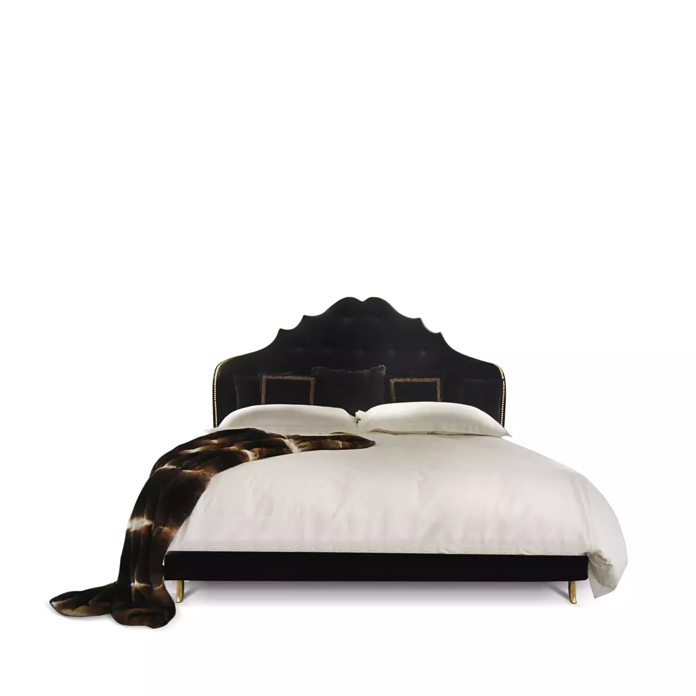 Elegant Alexia Bed with high headboard in black velvet with golden details and studs, white bedding, and a fur throw.