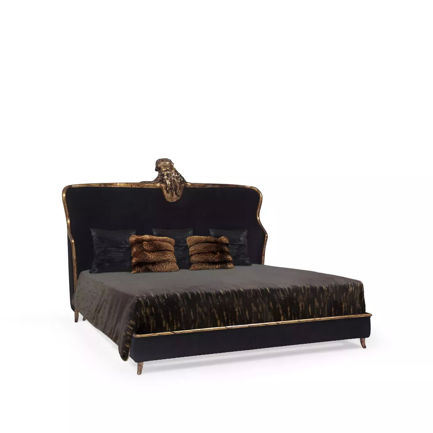 Elegant Forbidden Bed with black velvet headboard featuring sculptural golden details and crystal applications, dark bedding, and decorative pillows.
