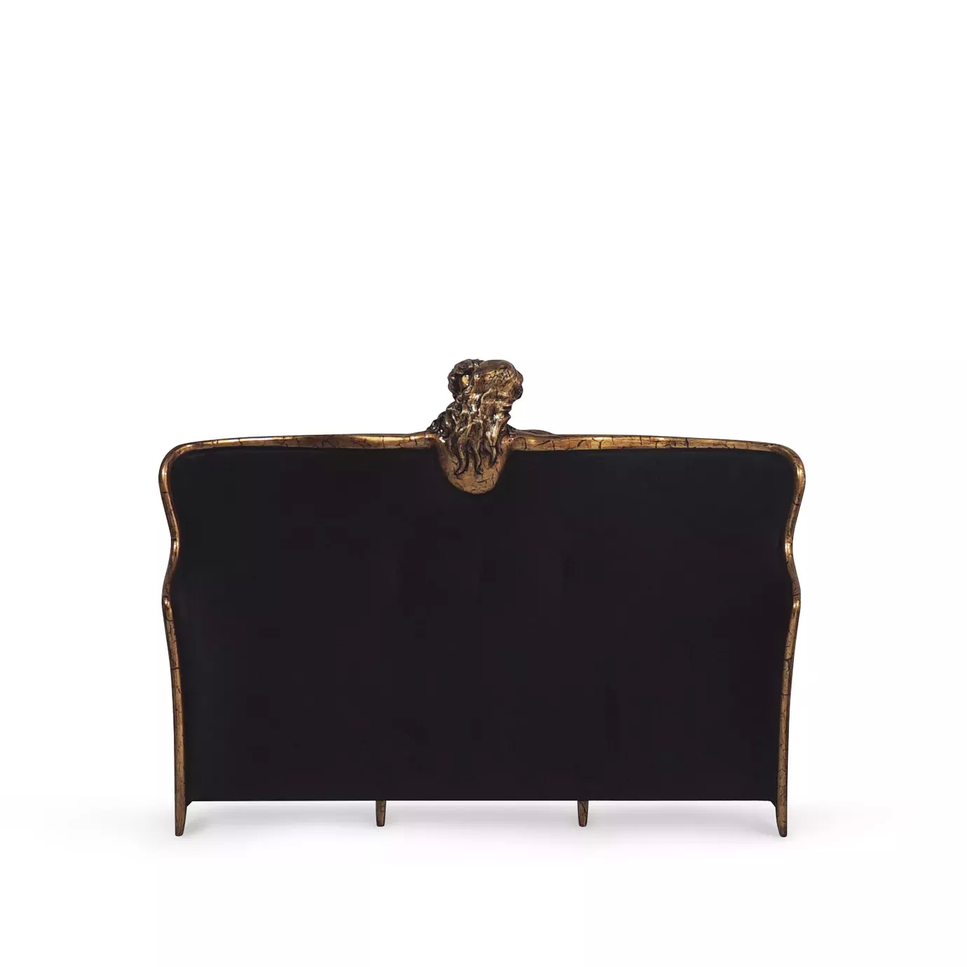 Elegant headboard of the Forbidden Bed in black velvet with a sculptural golden frame and central detail.