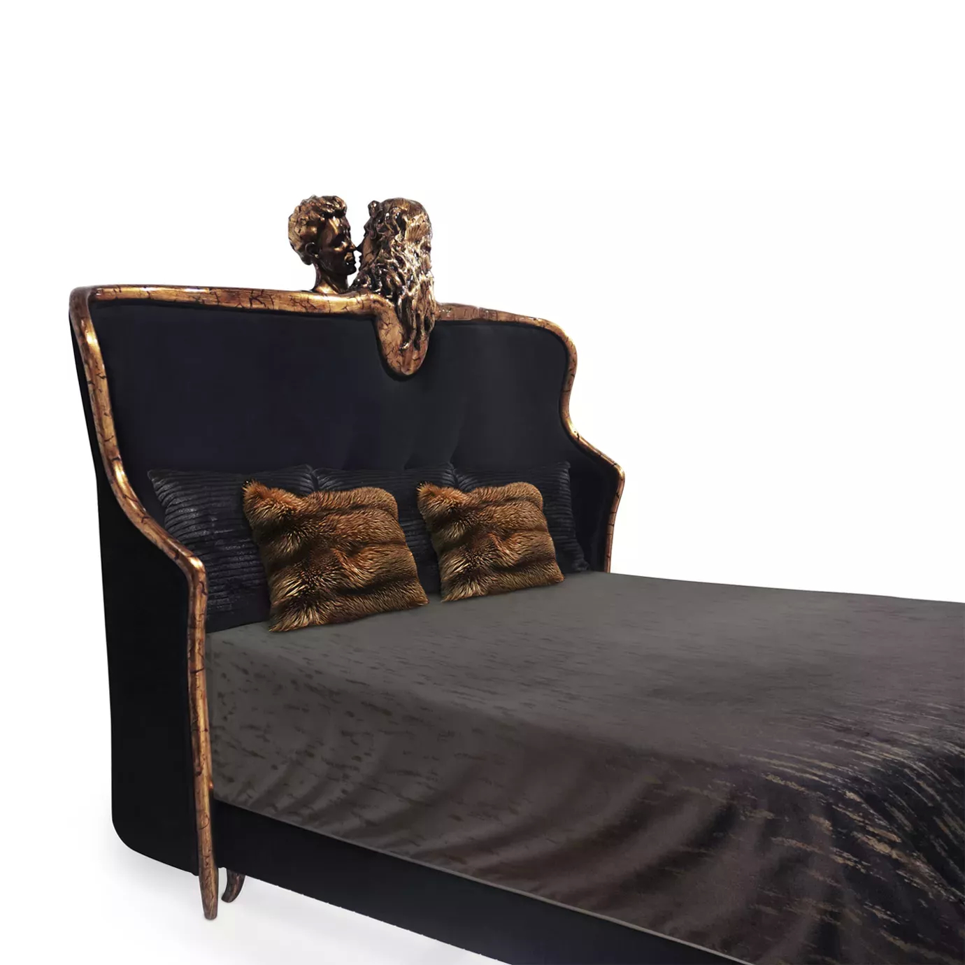 Elegant close-up of the Forbidden Bed's headboard in black velvet with sculptural golden details and crystal applications, with dark bedding and fur pillows.