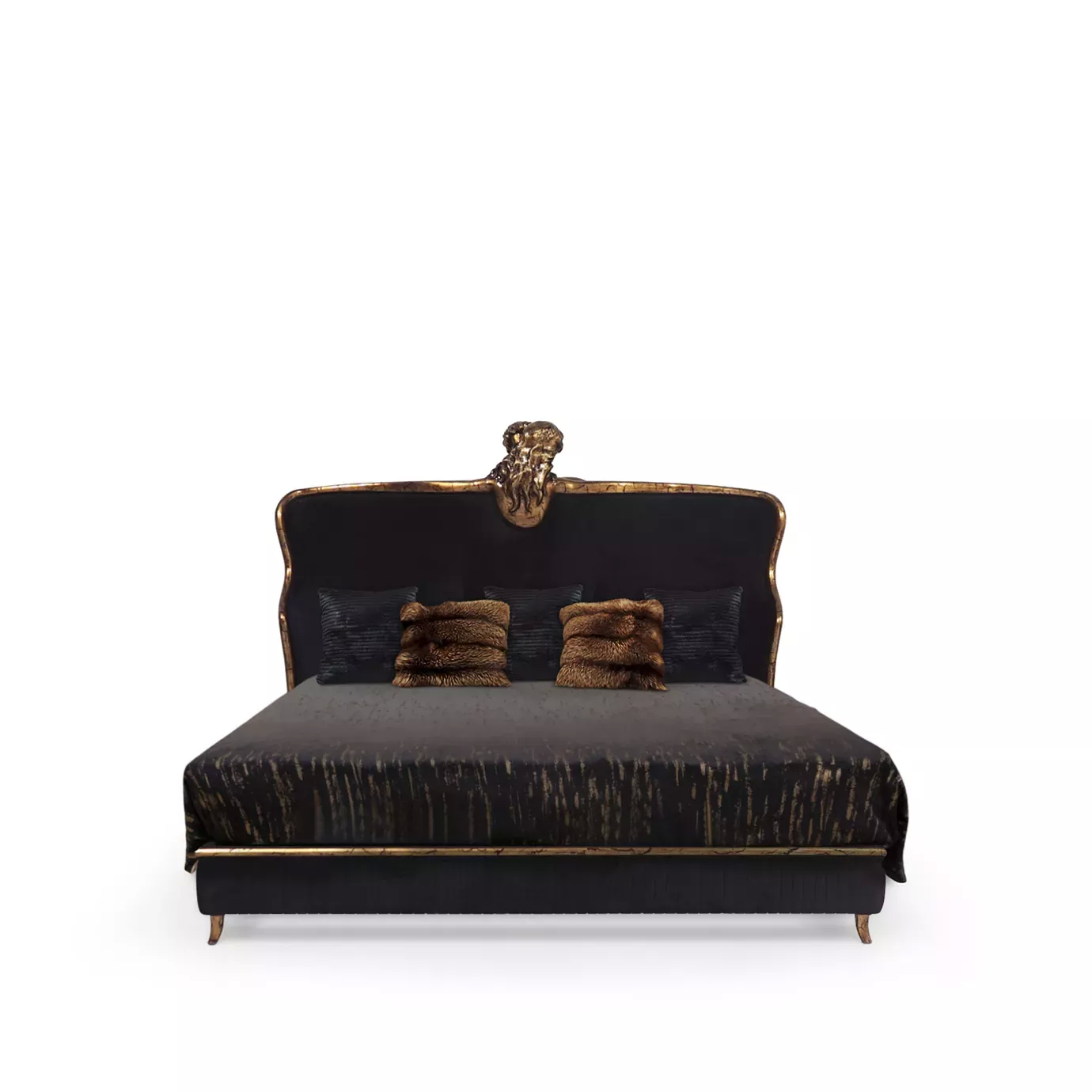 Elegant Forbidden Bed with black velvet headboard featuring sculptural golden details and crystal applications, dark bedding, and decorative pillows.