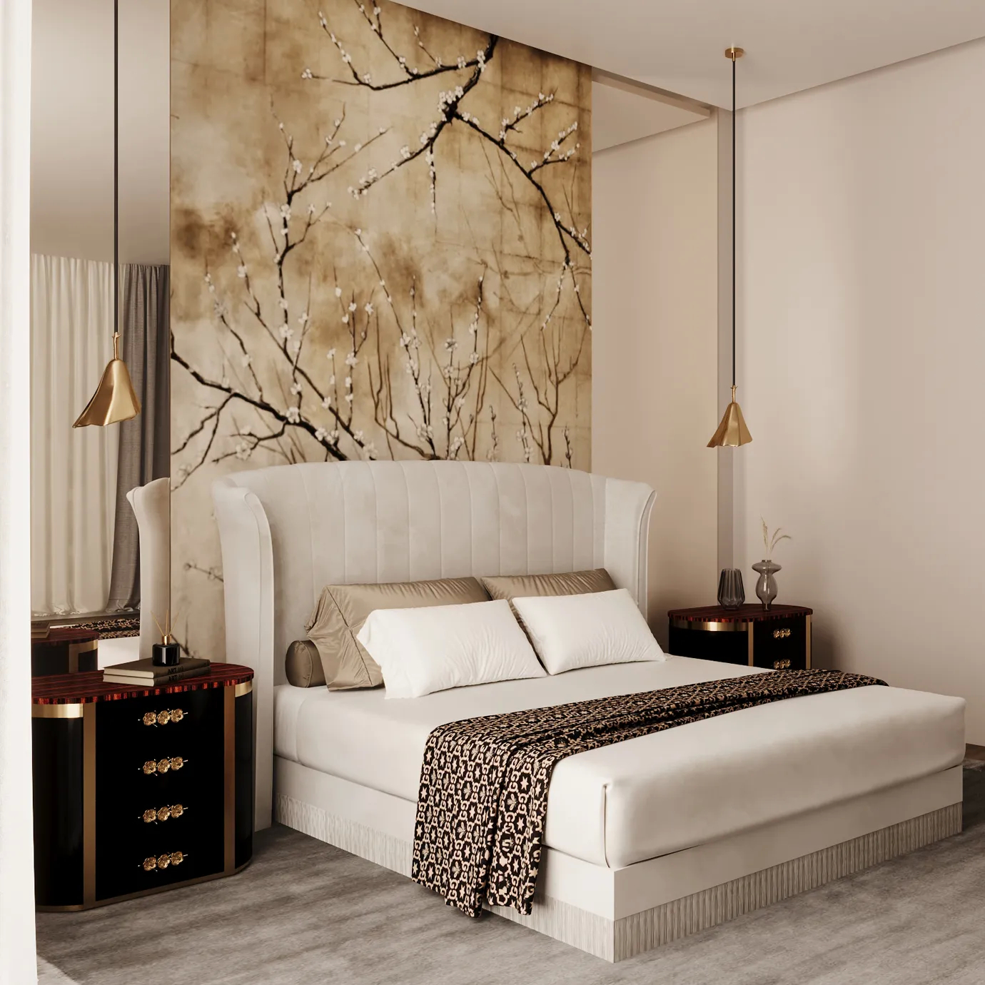 Elegant bedroom with the Sevilliana Bed featuring a high headboard in light textured fabric with vertical button-tufted details, white bedding with a patterned throw, and dark bedside tables with golden accents.