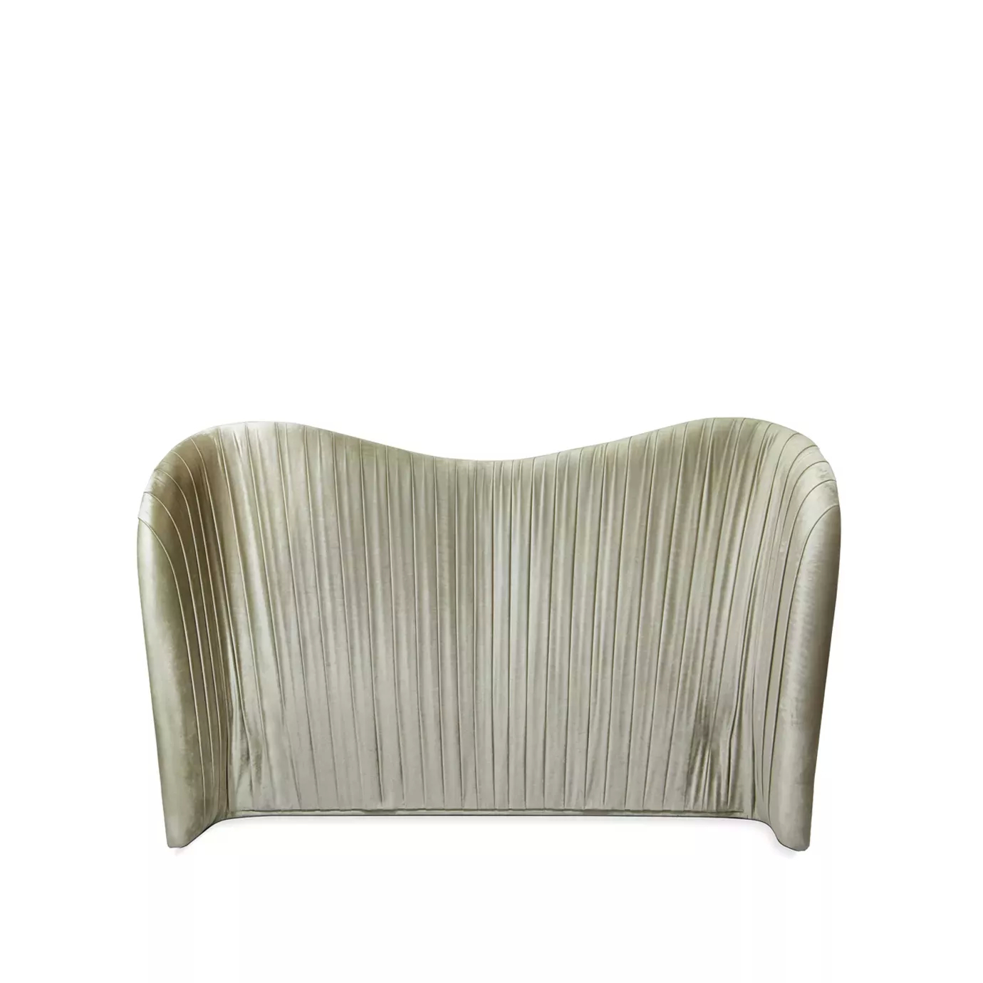 Elegant headboard of the Kelly Bed with a curved design and light-toned textured fabric upholstery with vertical details.