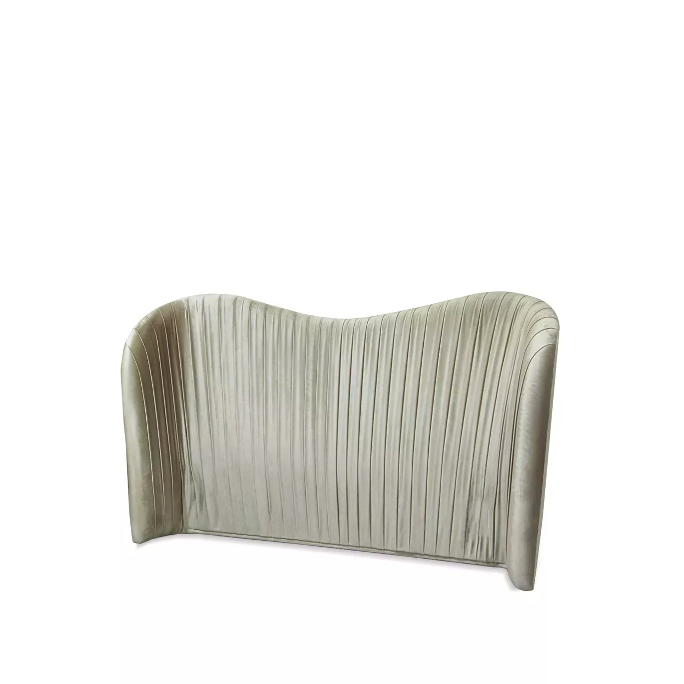 Elegant headboard of the Kelly Bed with a curved design and light-toned textured fabric upholstery with vertical details.