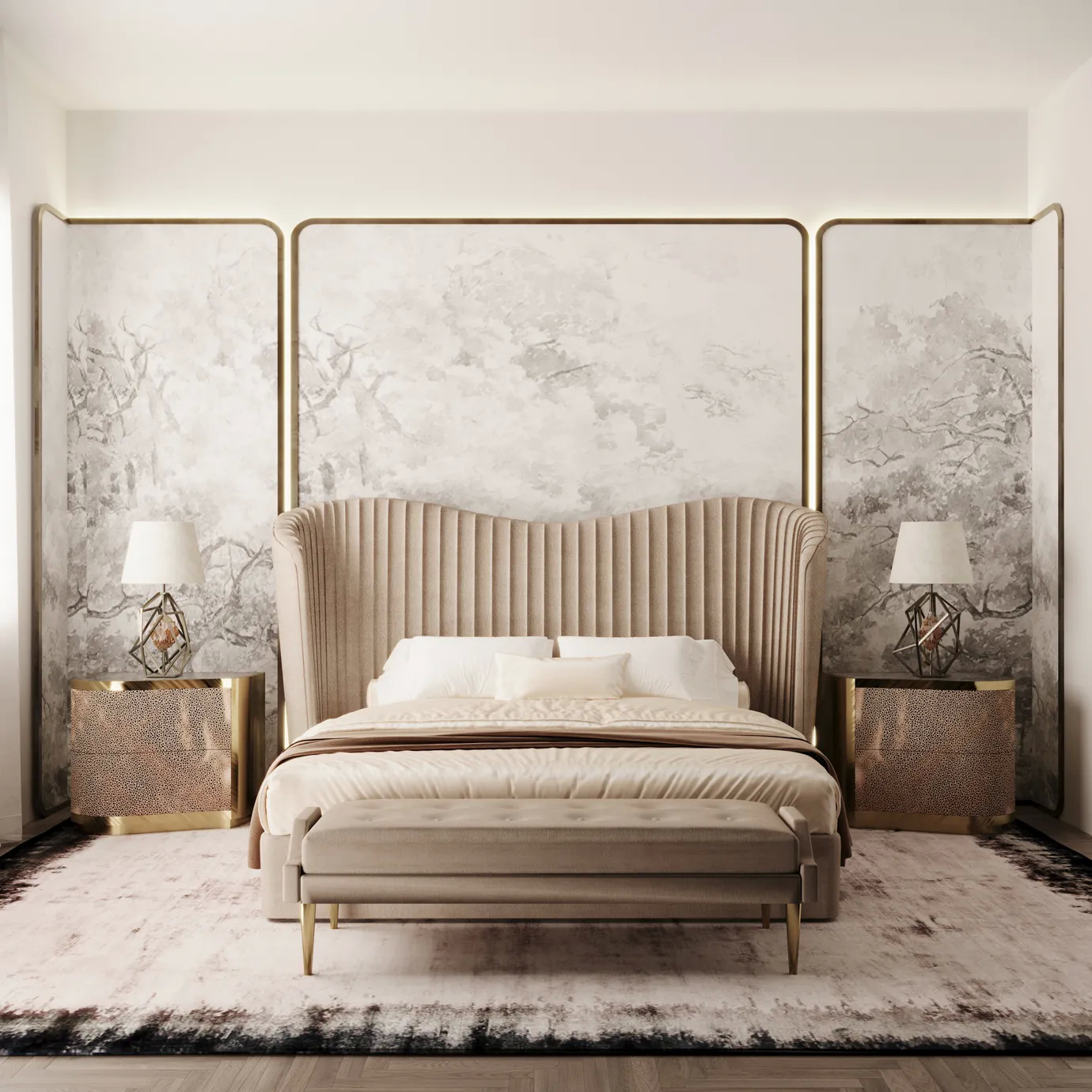Elegant bedroom with the Kelly Bed featuring a high headboard and curved design in light textured fabric, light bedding, an upholstered bench at the foot, and bedside tables with a animal print pattern