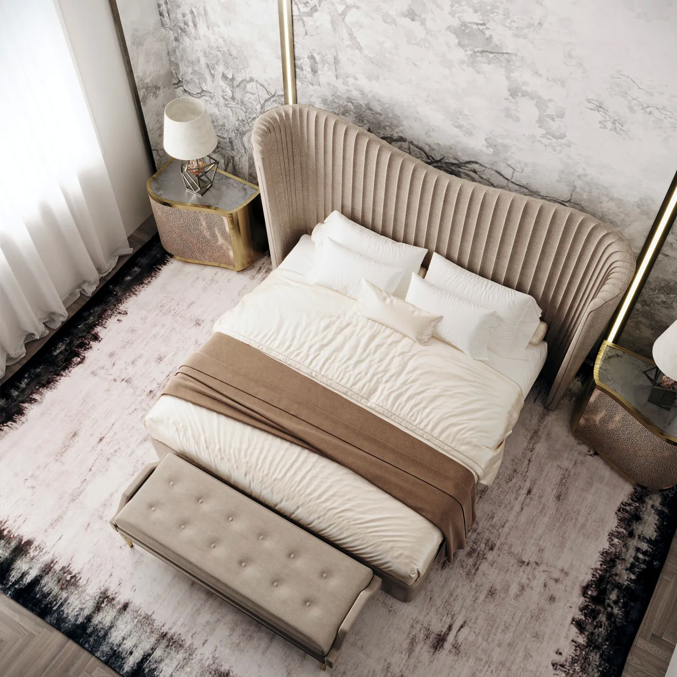 Elegant top view of bedroom with the Kelly Bed featuring a high headboard and curved design in light textured fabric, light bedding, an upholstered bench at the foot, and bedside tables with a animal print pattern