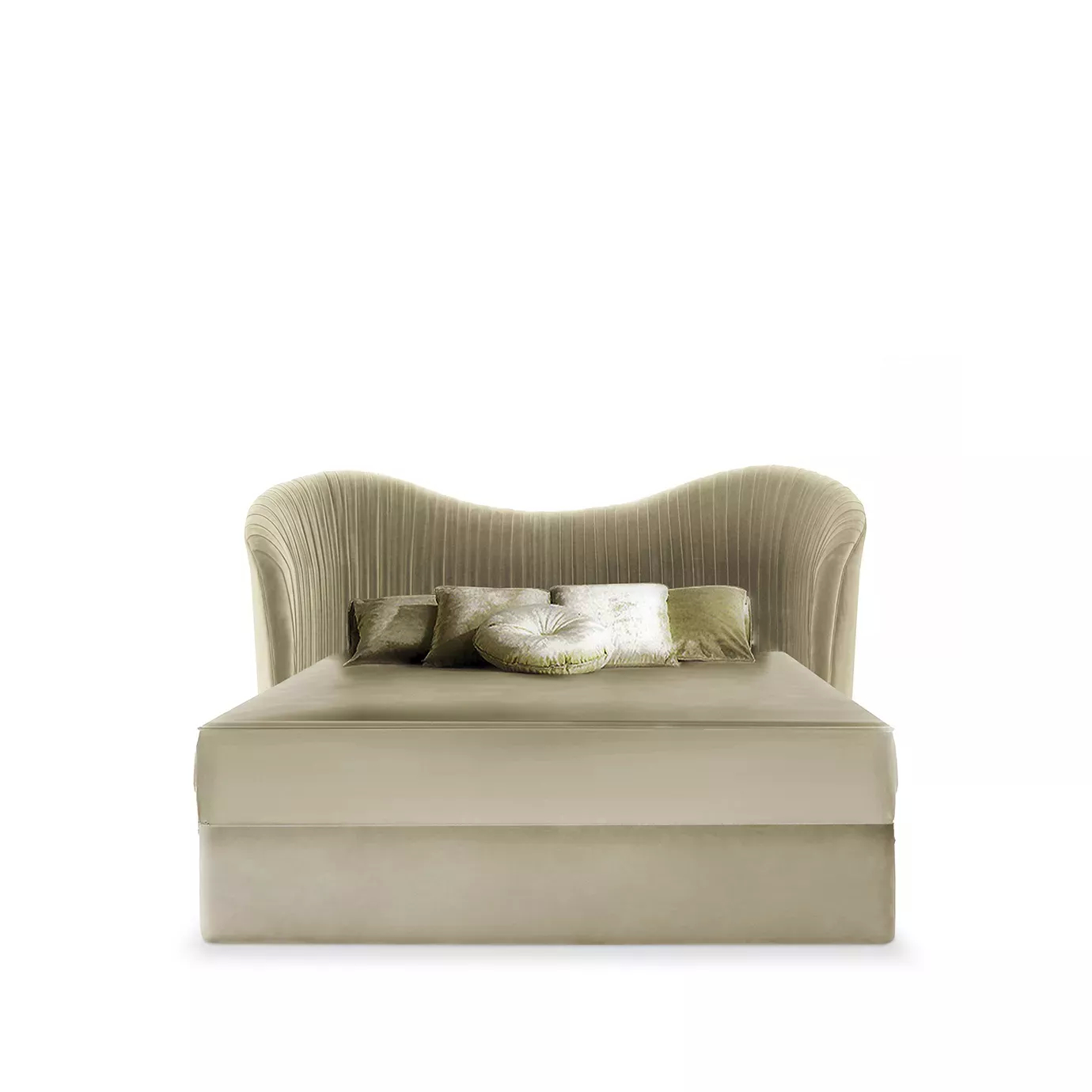 Elegant Kelly Bed with high headboard and curved design featuring light-toned textured fabric upholstery and matching bedding with decorative pillows.