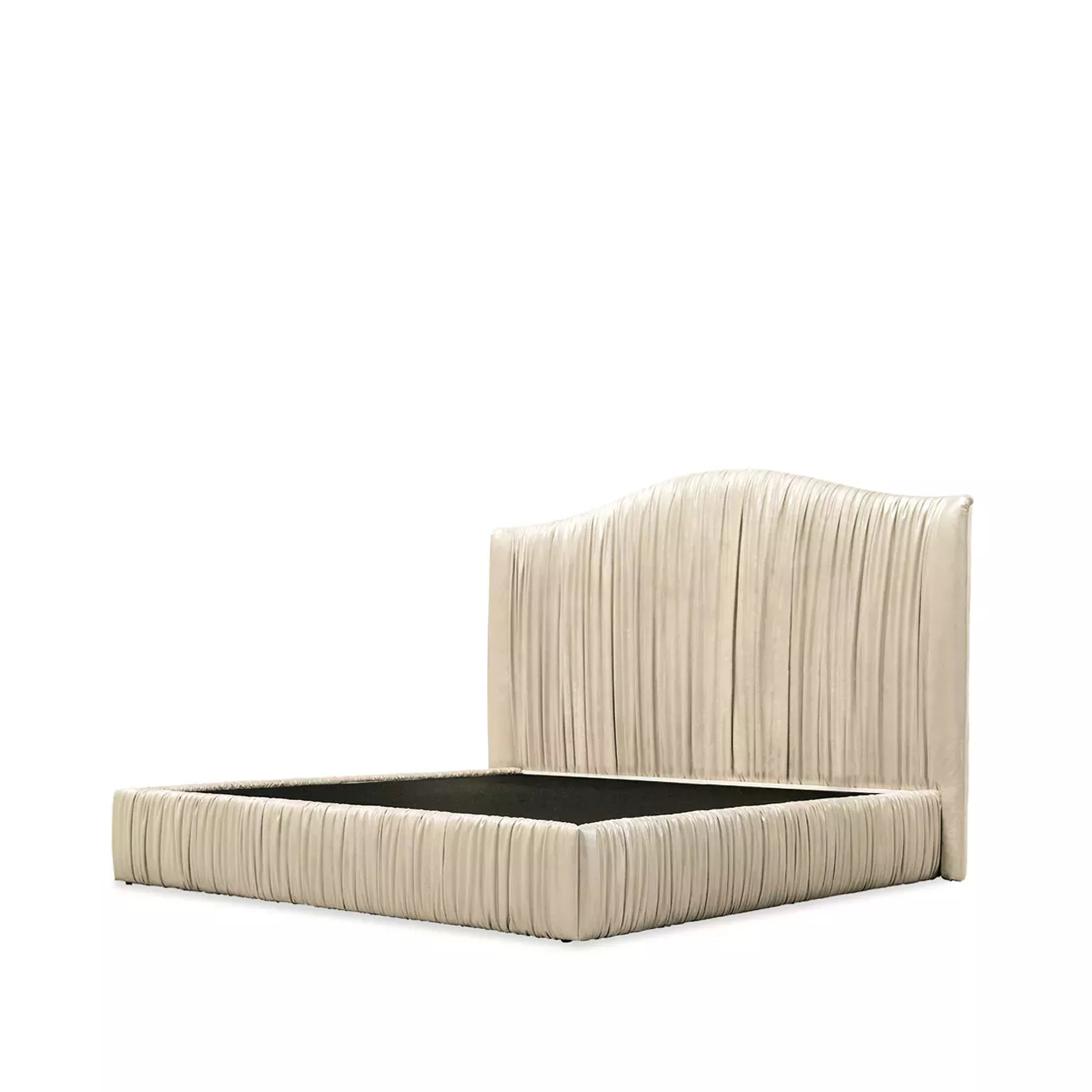 Elegant frame of the Plissé Bed with a high headboard and base featuring pleated light textured fabric upholstery.