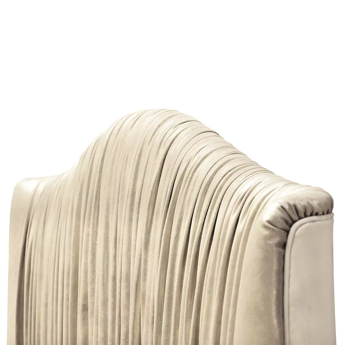 Elegant close-up of the pleated light textured fabric upholstery detail of the Plissé Bed's headboard.