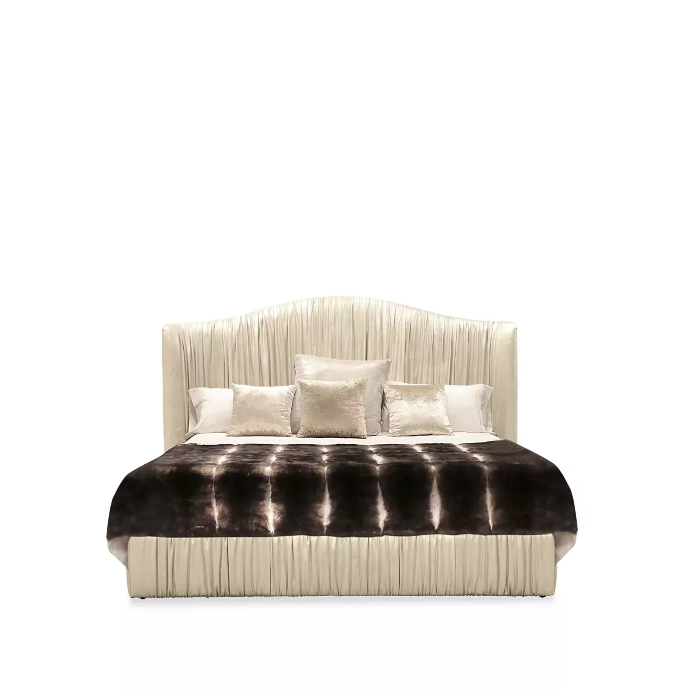 Elegant Plissé Bed with high headboard and pleated light textured fabric upholstery, light bedding, and a dark fur throw.