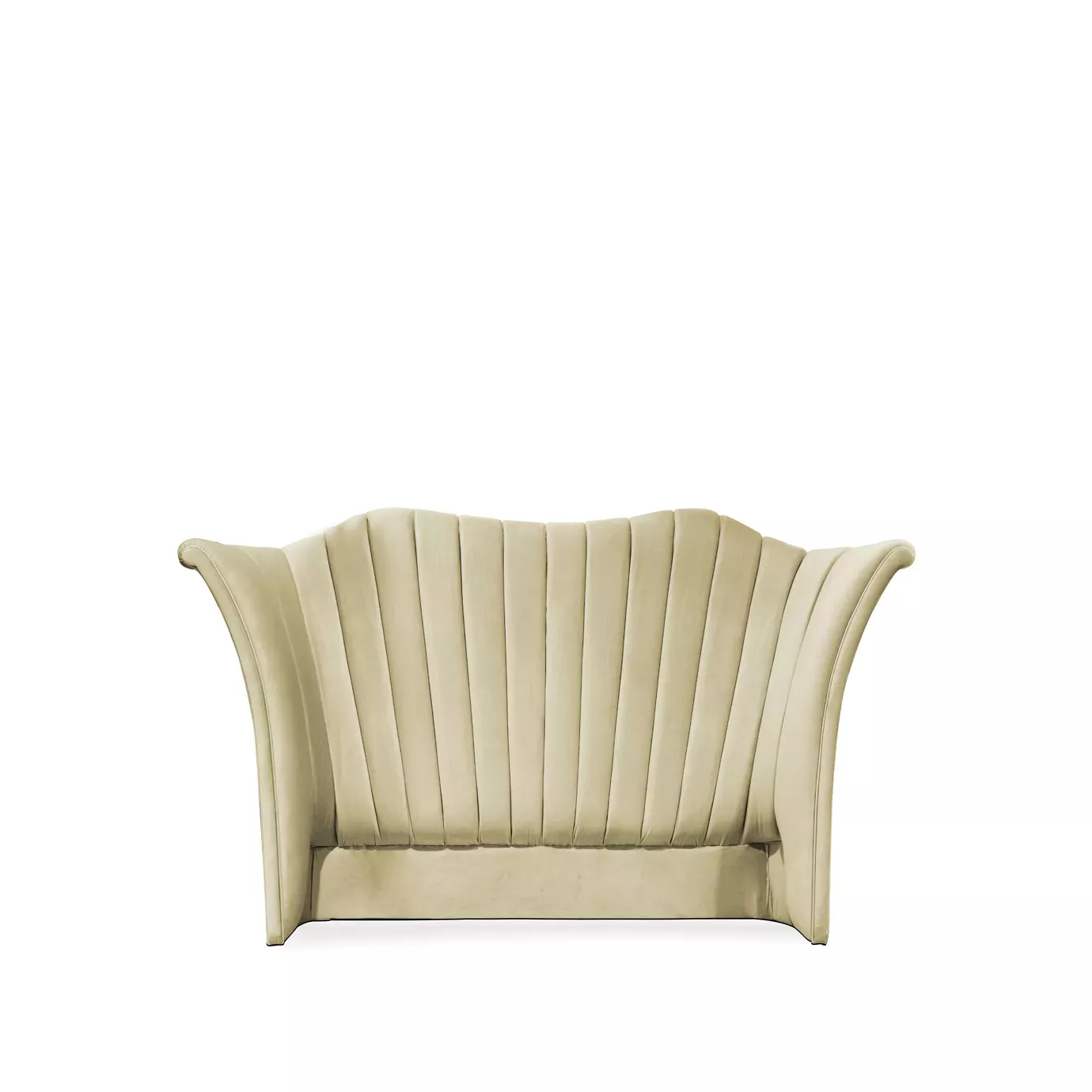 A luxurious Caprichosa Bed headboard by Koket features a tall, scalloped design with vertical channel tufting in a soft, light beige velvet.