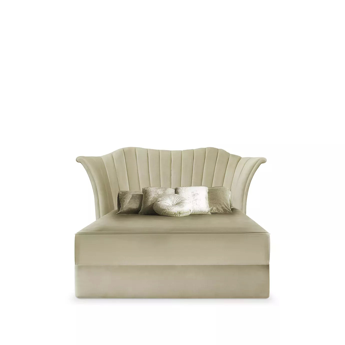 A luxurious Caprichosa Bed by Koket features a tall, scalloped headboard with vertical channel tufting in a soft, light beige velvet. Several plush pillows rest on the matching upholstered base.