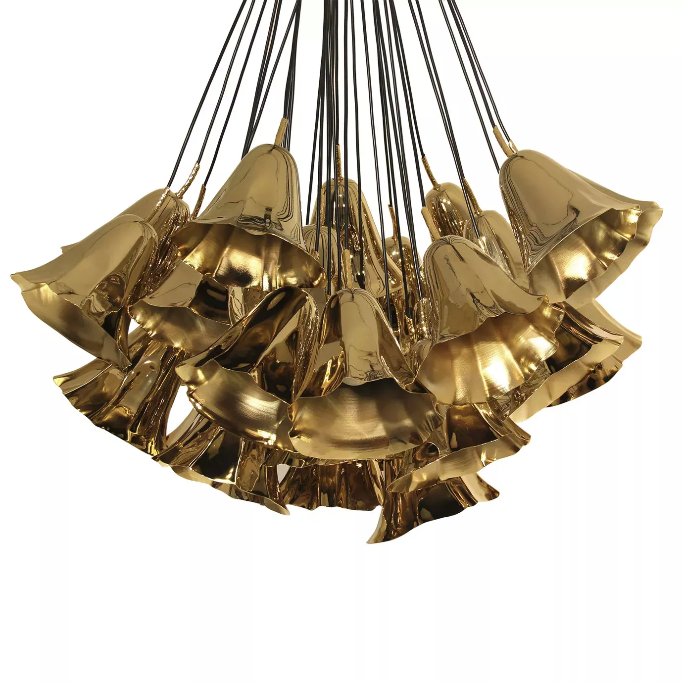 Elegant close-up of the golden flower-shaped pieces detail of the Gia Chandelier suspended by black wires.