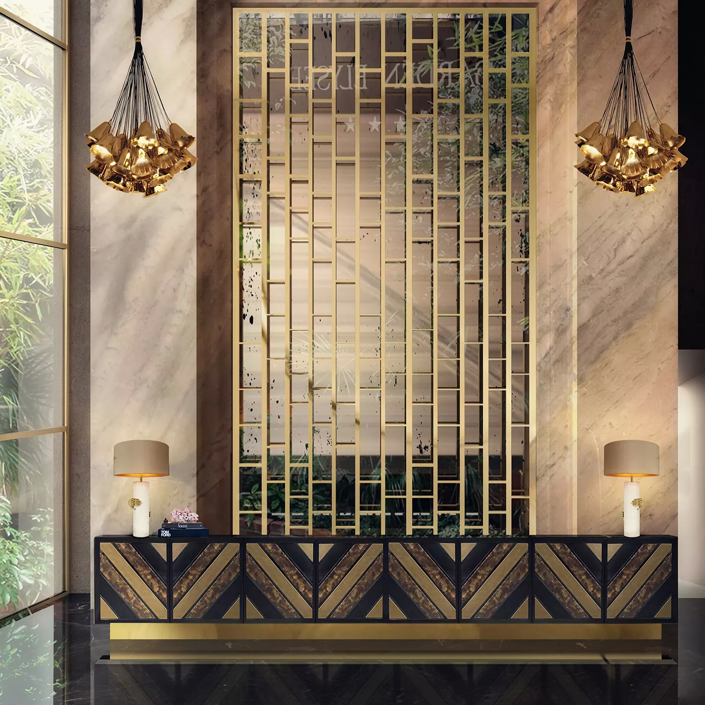 Elegant entryway with two golden Gia Chandeliers suspended above a dark sideboard with geometric golden details and two table lamps with light bases.