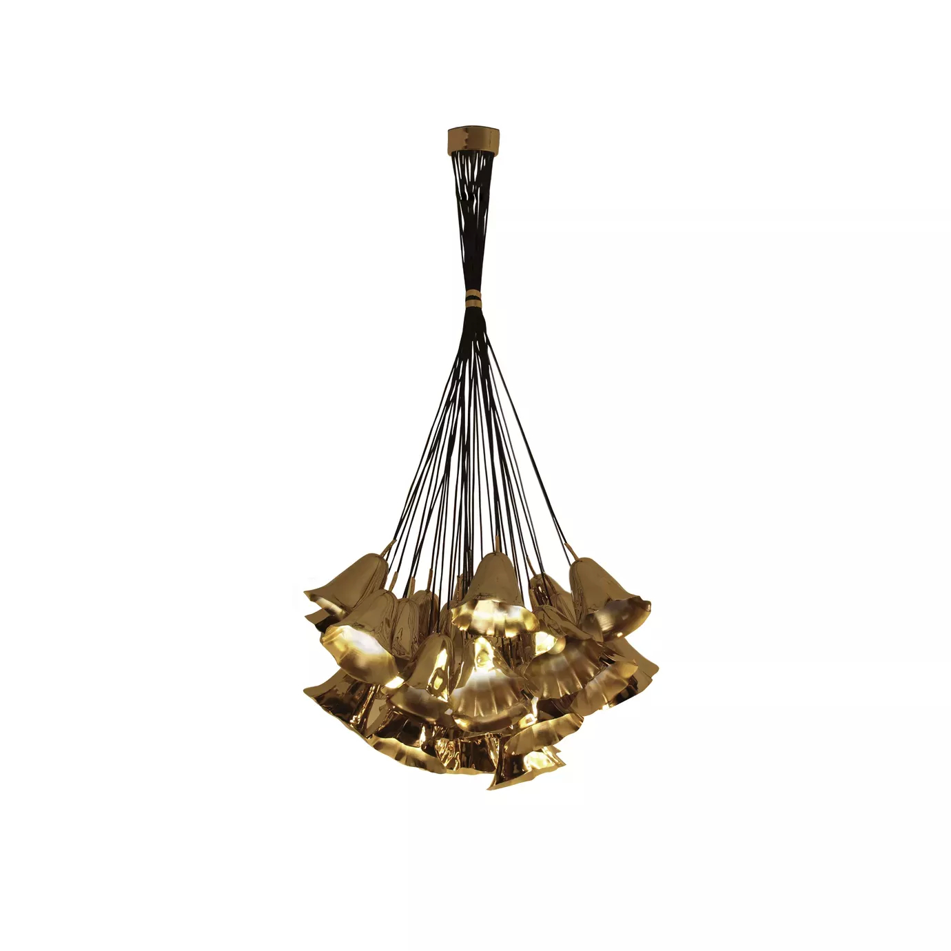 Elegant Gia Chandelier with a sculptural floral design in golden and black tones.