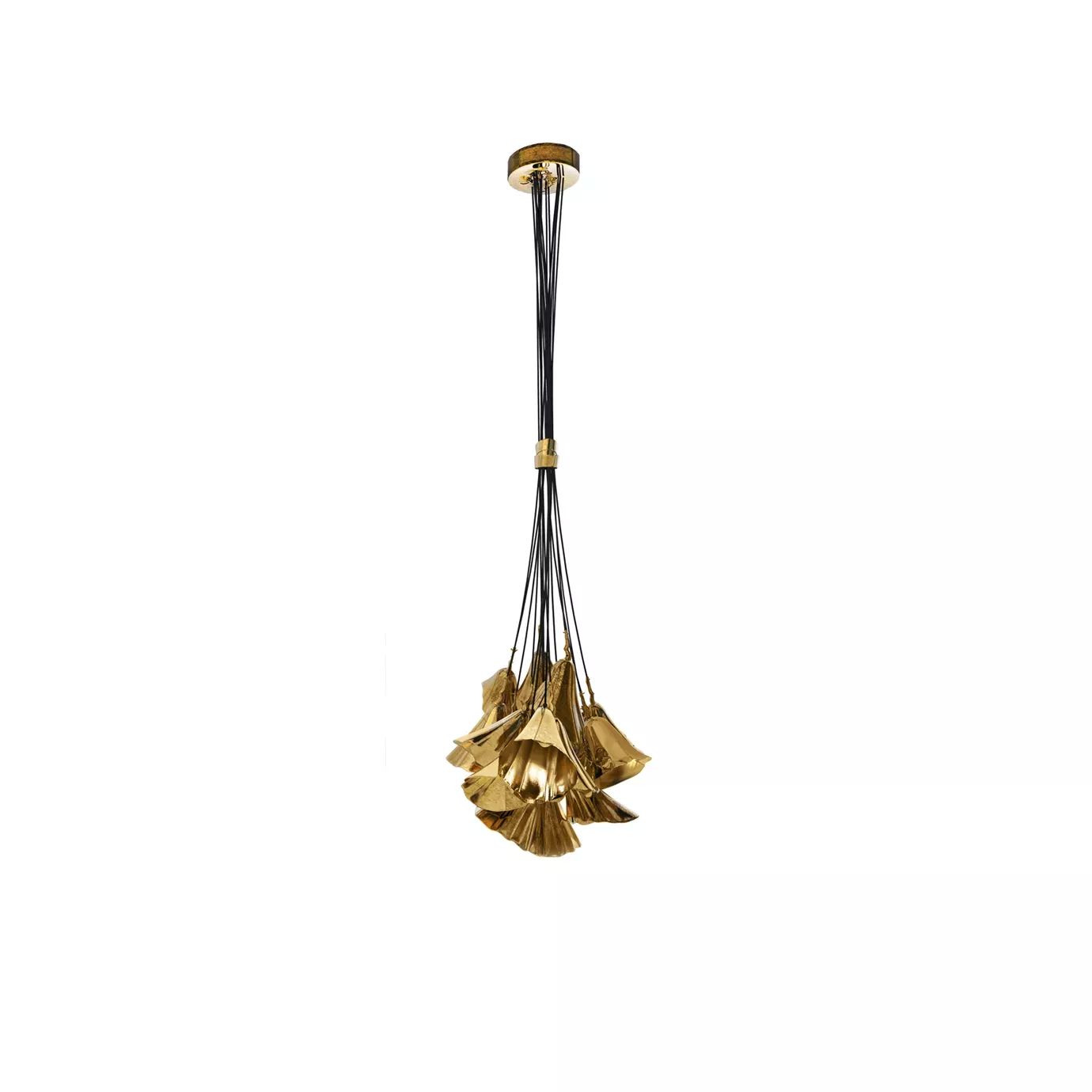Elegant Gia II Chandelier with a sculptural floral design in golden and black tones, featuring a more compact arrangement of floral pieces.