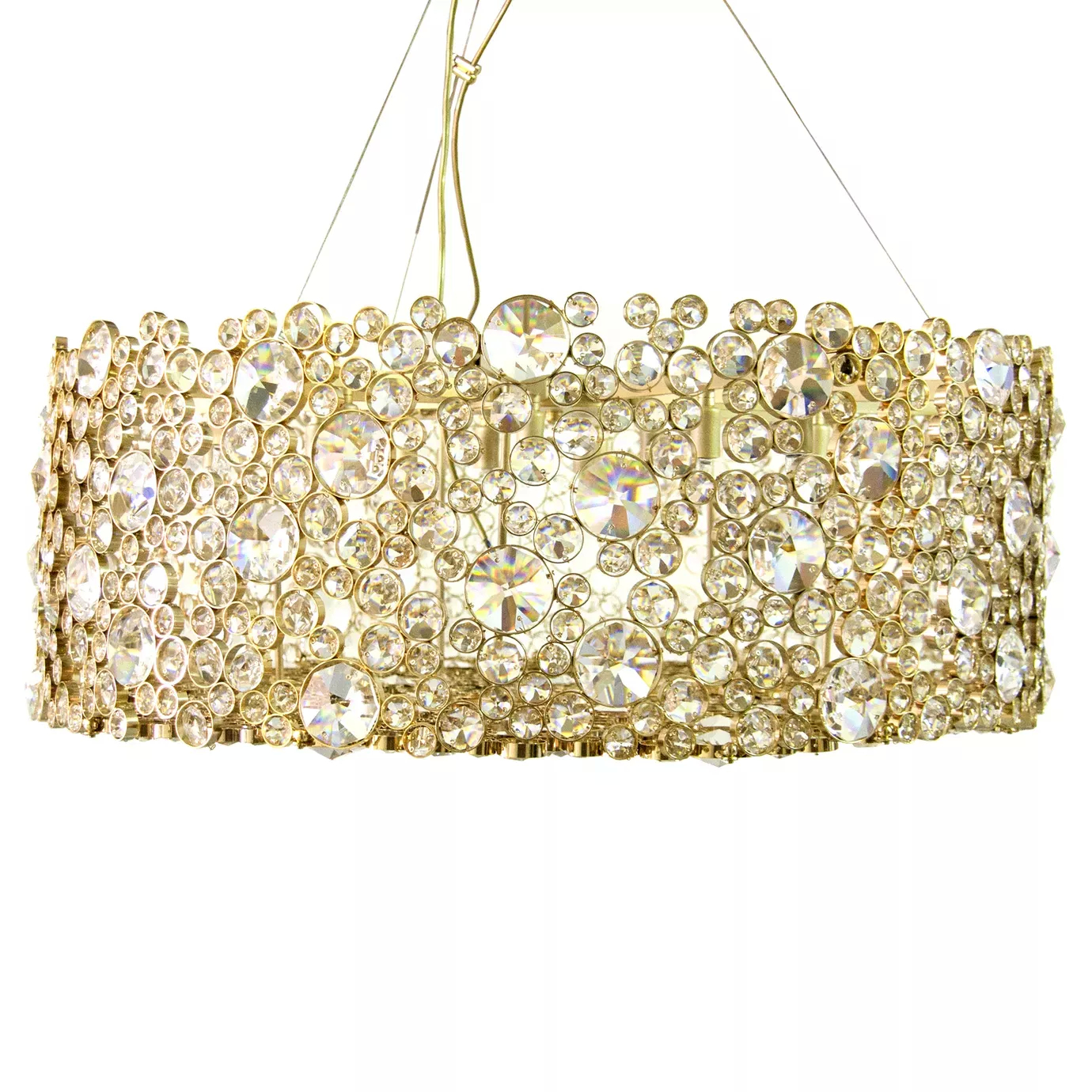 Elegant Eternity Chandelier with a circular design and golden frame studded with sparkling crystals.