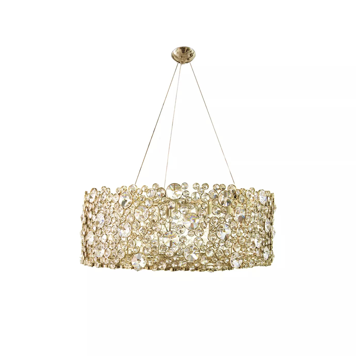 Elegant Eternity Chandelier with a circular design and golden frame studded with sparkling crystals.