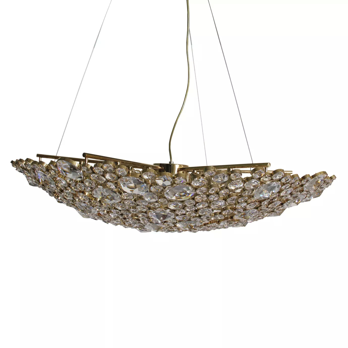 Elegant Eternity Demi Lune Chandelier with a half-moon design and golden frame studded with various sparkling crystals.
