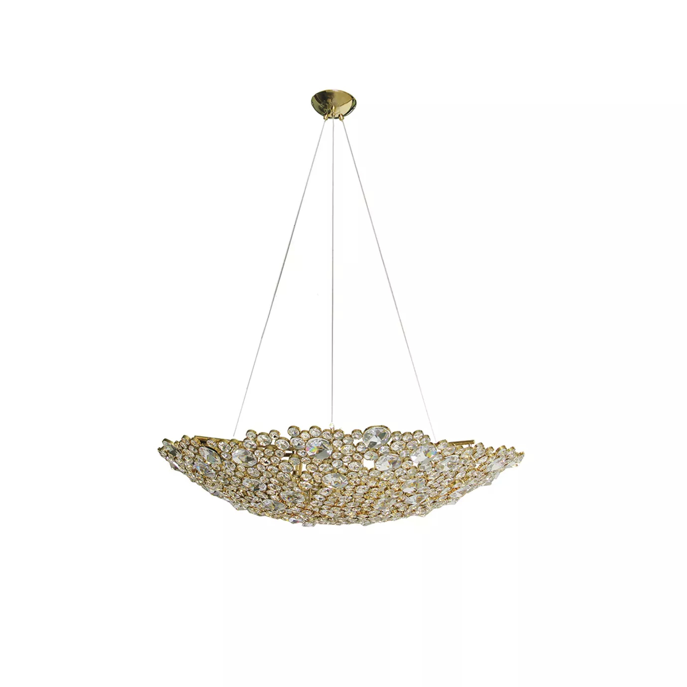 Elegant Eternity Demi Lune Chandelier with a half-moon design and golden frame studded with various sparkling crystals.