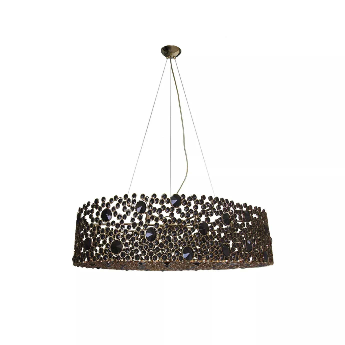Elegant Eternity Oval Black Glass Chandelier with an oval design and golden frame studded with black glass crystals.