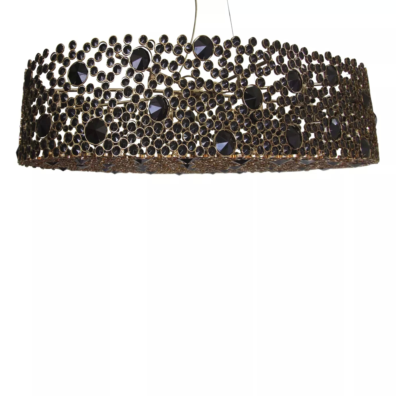 Elegant Eternity Oval Black Glass Chandelier with an oval design and golden frame studded with black glass crystals.