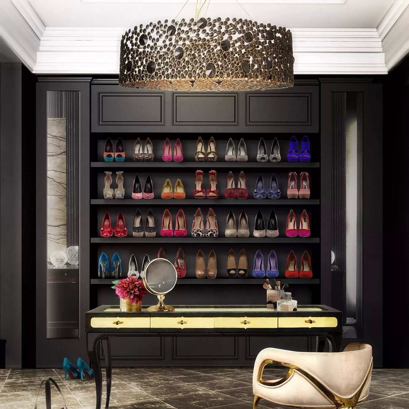 Elegant walk-in closet with the Eternity Oval Black Glass Chandelier suspended above a dark dressing table with golden accents and a round tabletop mirror, surrounded by shelves neatly arranged with various colorful shoes.
