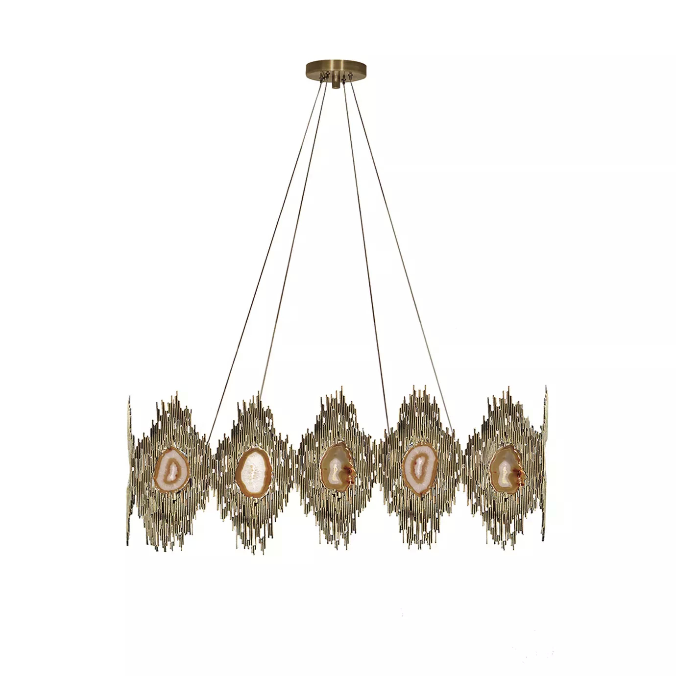 Elegant Vivre Rectangular Chandelier with an elongated sculptural design in golden tones and translucent agate details.