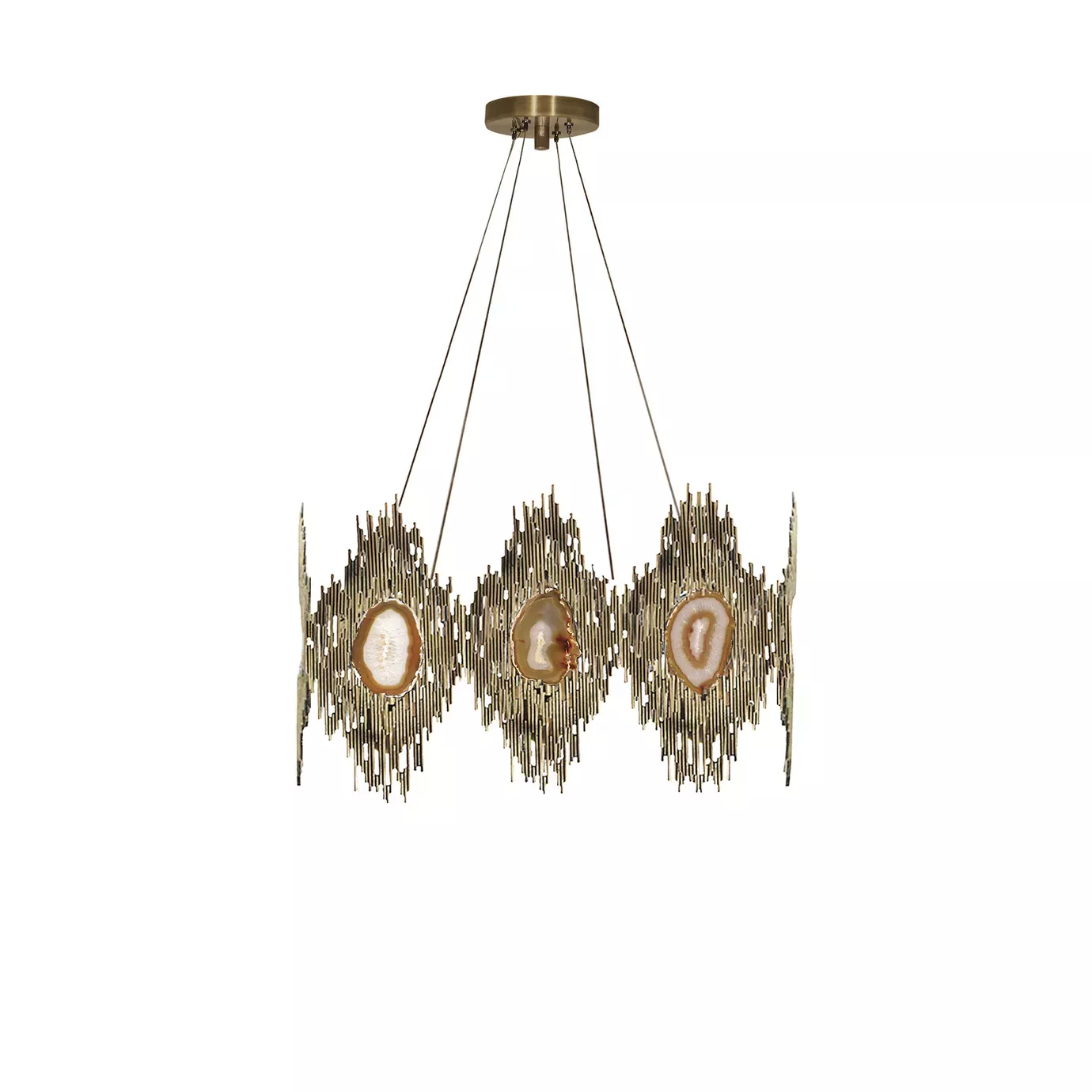Elegant Vivre Square Chandelier with a sculptural design in golden tones and translucent agate details.