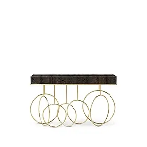 Elegant Burlesque Console with dark textured top and golden intertwined circles base.