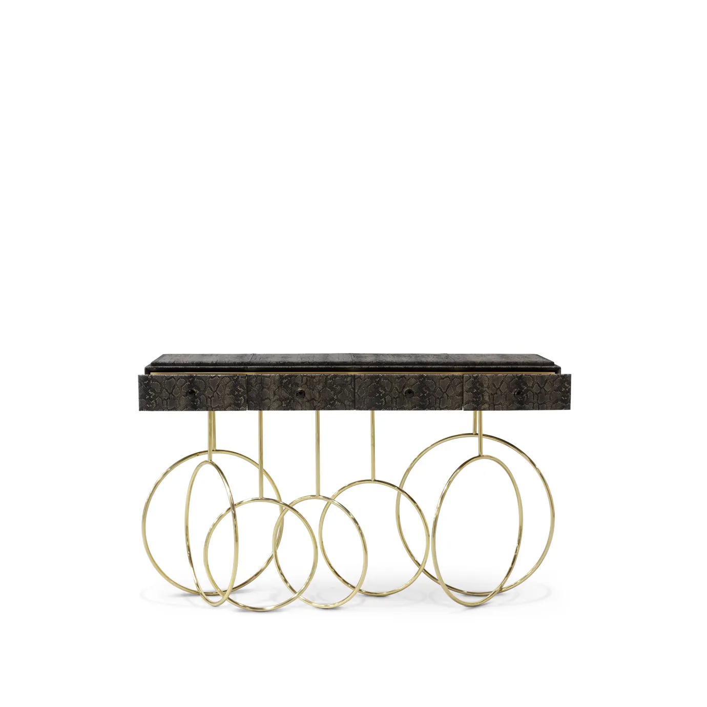 Elegant Burlesque Console with dark textured top and golden geometric base.