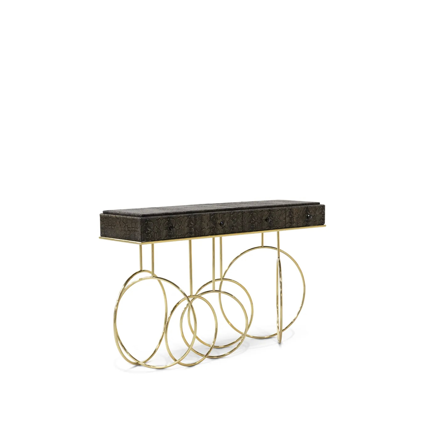 Elegant Burlesque Console with dark textured top and golden circles base.