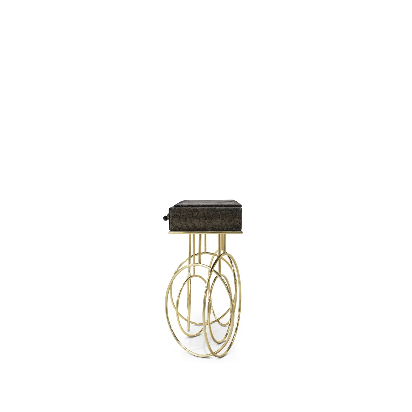 Side view of the elegant Burlesque Console with golden circles base.