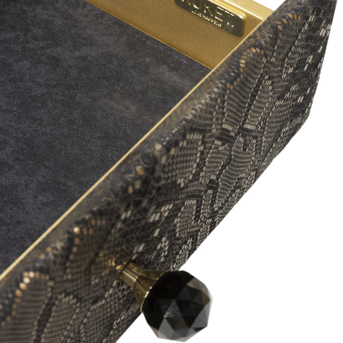 Detail of the textured drawer of the Burlesque Console with velvet interior and crystal knob.