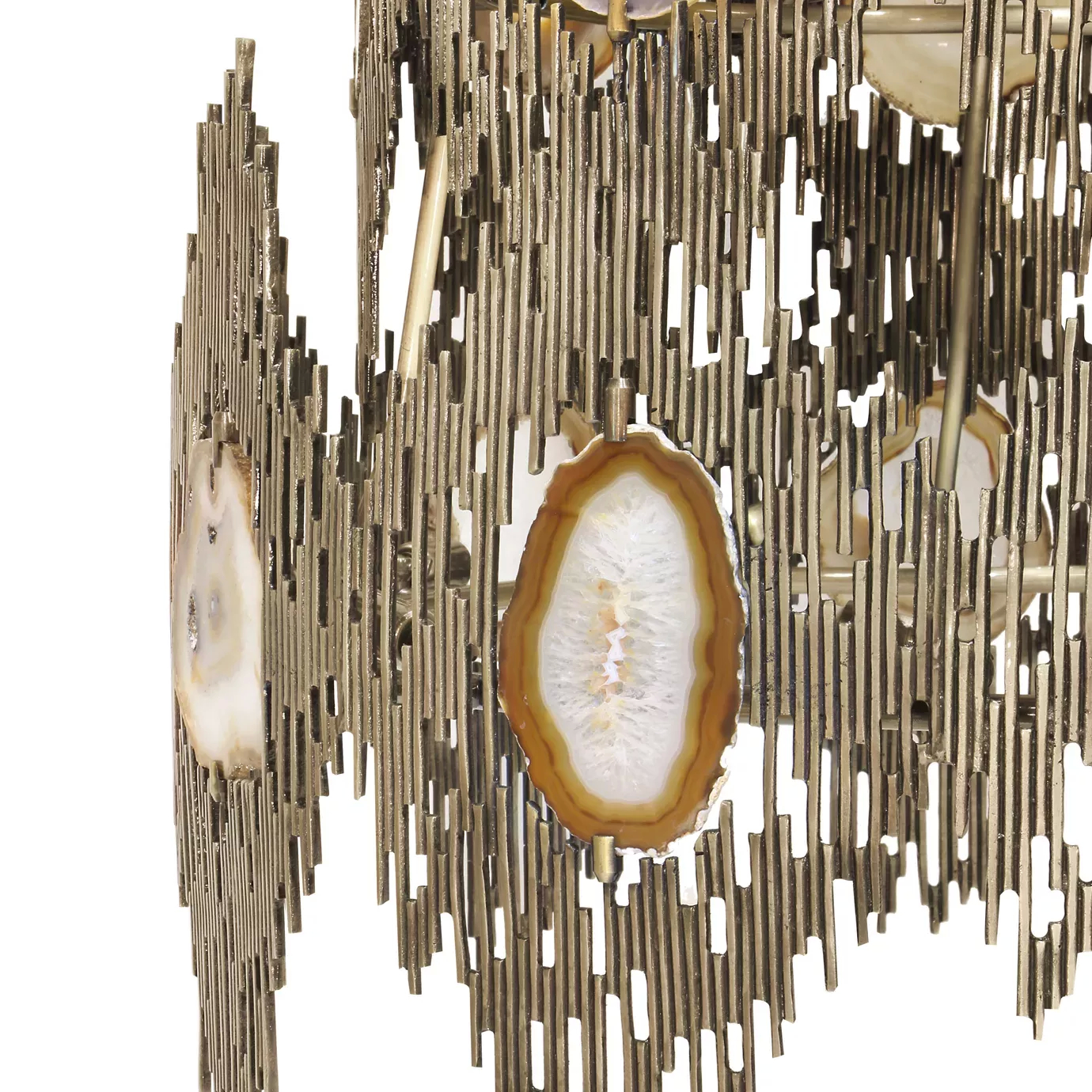Elegant close-up of the sculptural golden frame detail with several translucent agate slices of the Vivre 2 Rings Chandelier.