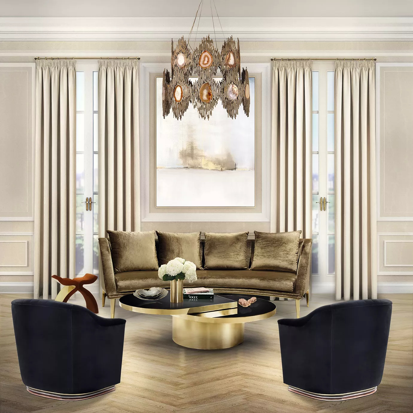 Elegant living room with the three-seater sofa in brown velvet, the Tears Center Table , two  Mia armchairs in dark blue velvet, and the Vivre 2 Rings Chandelier suspended above the table.