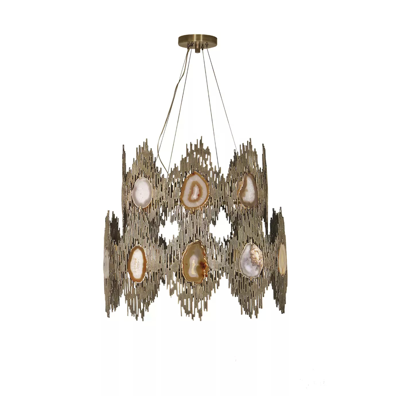 Elegant Vivre 2 Rings Chandelier with a two-tiered sculptural design in golden tones and translucent agate details.