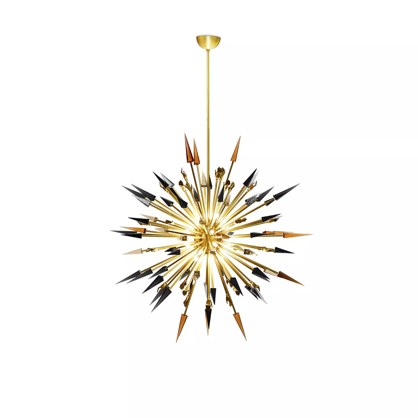 Elegant Outburst Chandelier with a sculptural explosion-like design featuring pointed details in shades of gold, black, white, and copper.