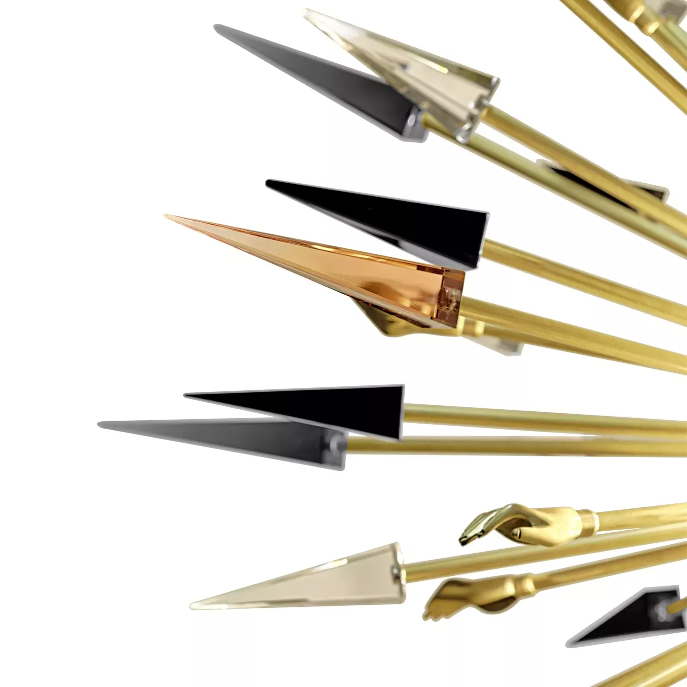 Elegant close-up of the detail of the pointed elements in shades of black, white, and copper attached to golden rods of the Outburst Chandelier.