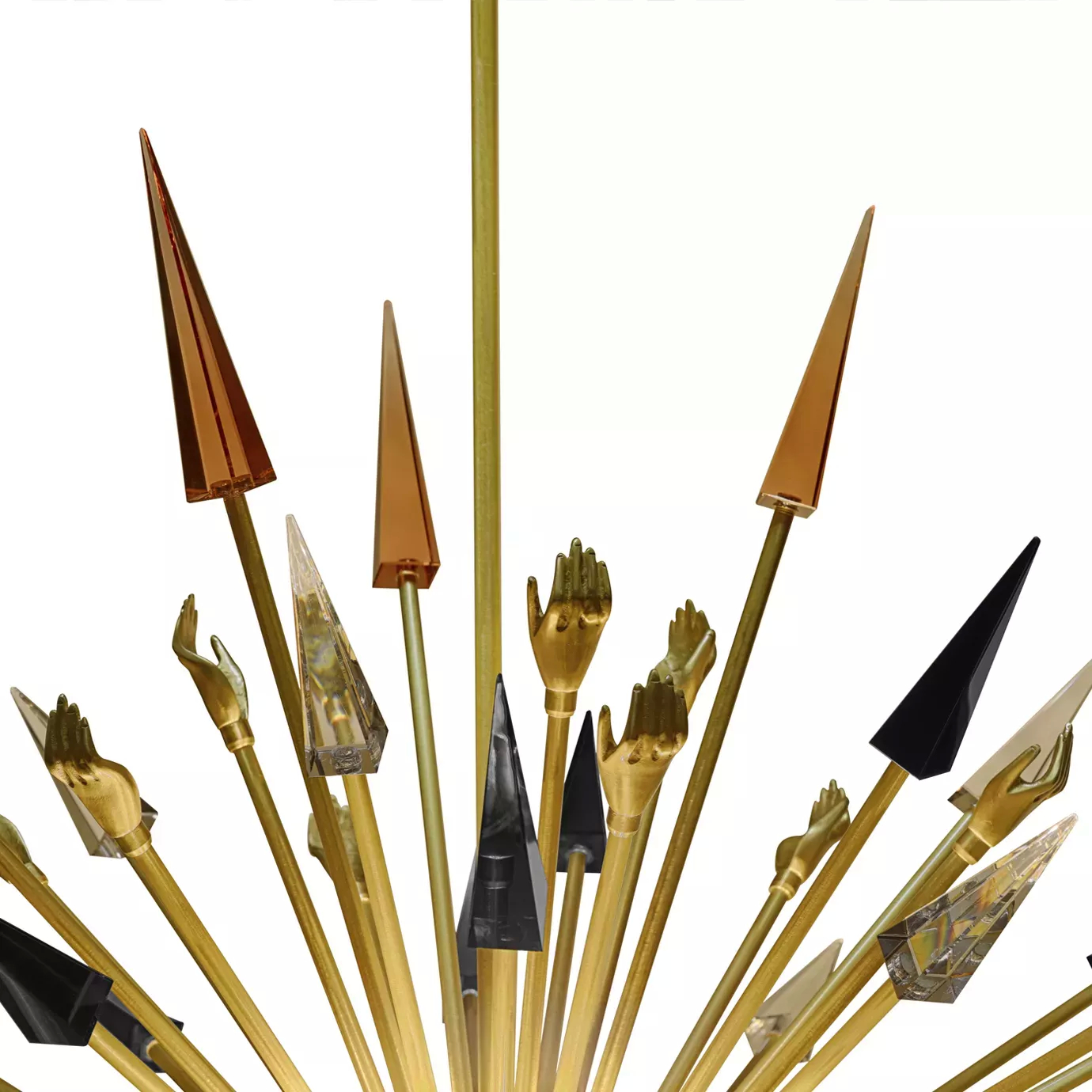 Elegant close-up of the detail of the pointed elements in shades of black, white, and copper attached to golden rods of the Outburst Chandelier.
