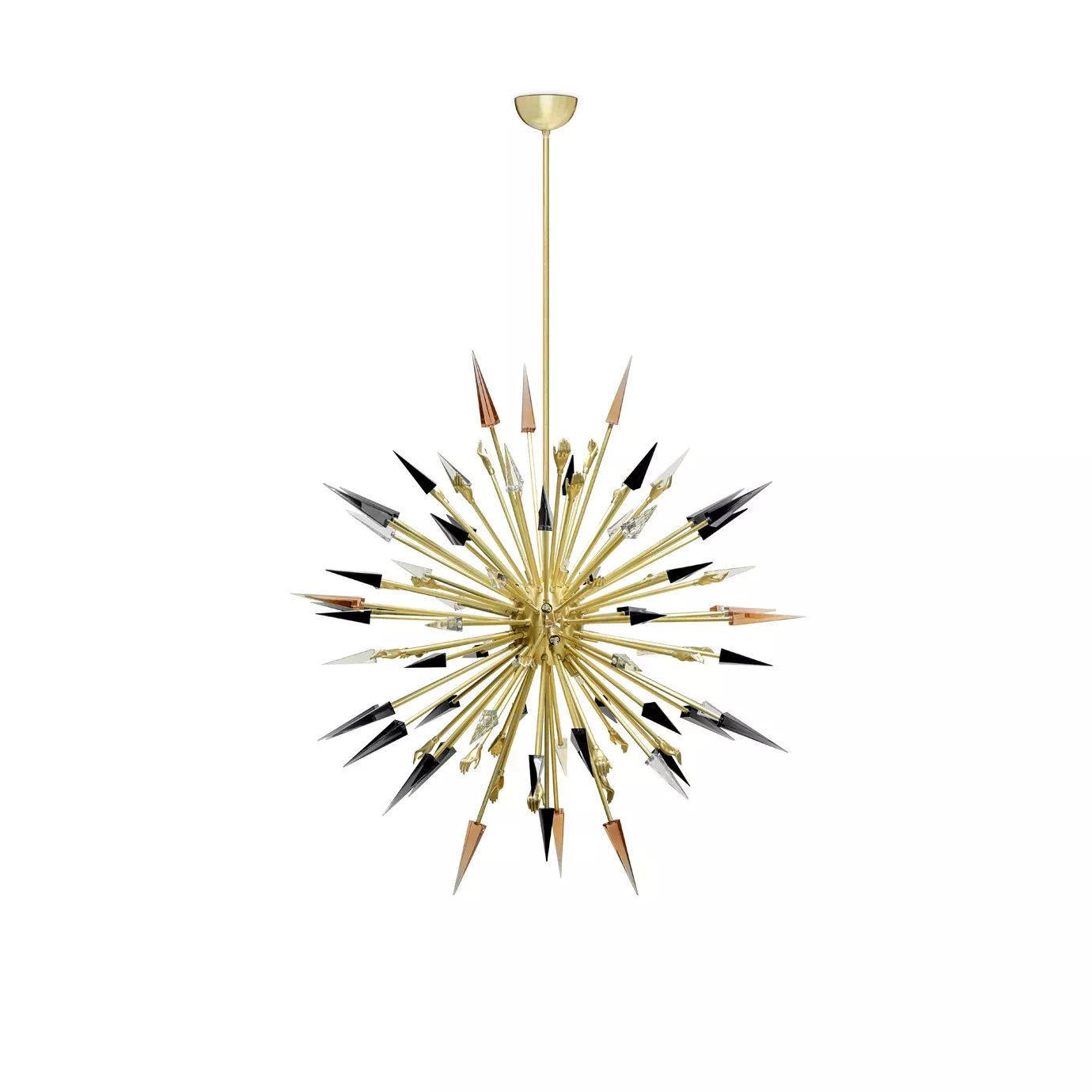 Elegant Outburst Chandelier with a sculptural explosion-like design featuring pointed details in shades of gold, black, white, and copper.